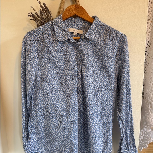 LOFT Floral Blue Patterned Button Down - Picture 2 of 6